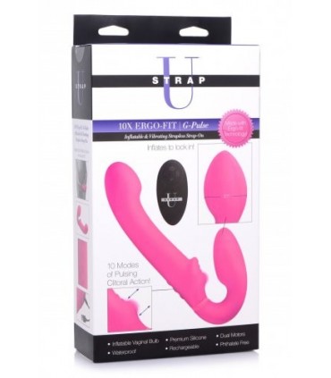 DOUBLE INFLATABLE HARNESS W/ REMOTE AND PINK USB CLITORIS PUSHBUTTON