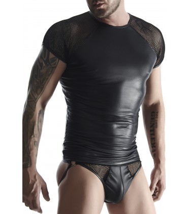 WETLOOK T-SHIRT WITH GRID SLEEVES BLACK XL