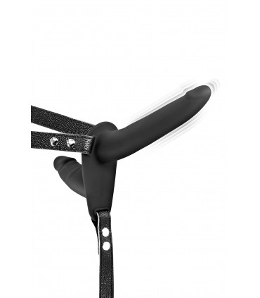 DOUBLE BLACK SILICONE STRAP-ON HARNESS USB VIBRATOR 15"5 CM