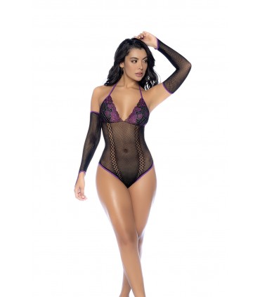 MOD. 1121 ENSEMBLE BODY EN RÉSILLE ET DENTELLE NOIR/VIOLET OS