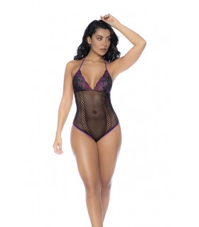 MOD. 1121 Netz- und Spitzen-Bodysuit-Set Schwarz/Lila OS