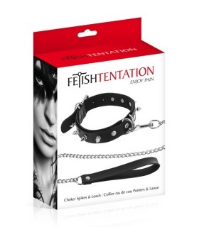 ADJUSTABLE BLACK COLLAR WITH RING, SPIKES AND STRAP