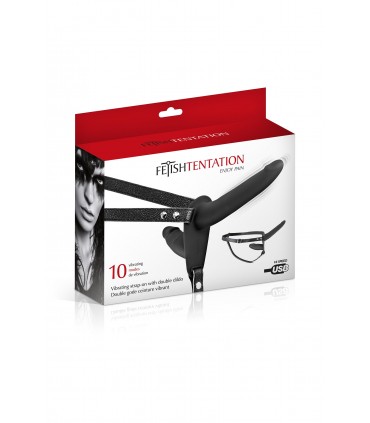 DOUBLE BLACK SILICONE STRAP-ON HARNESS USB VIBRATOR 15"5 CM